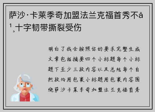 萨沙·卡莱季奇加盟法兰克福首秀不幸十字韧带撕裂受伤