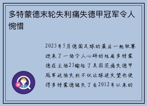 多特蒙德末轮失利痛失德甲冠军令人惋惜 多特蒙德末轮失利痛失德甲冠军令人惋惜