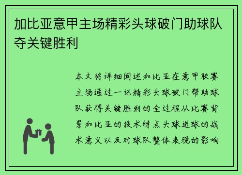 加比亚意甲主场精彩头球破门助球队夺关键胜利
